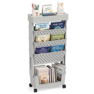 lot 11345 image: BYFU 5-Tier Movable Bookshelf Cart, Rolling File Paper Storage Organizer Mobile Bookcase with Wheels for Home Office Study Classroom, Grey