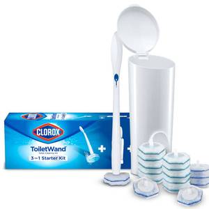 lot 11348 image: Clorox ToiletWand Disposable Toilet Cleaning System, Spring Cleaning Essential, ToiletWand, Storage Caddy, and 16 Disinfecting ToiletWand Scrubbing Pad Refills