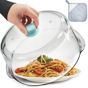 lot 11350 image: Tall Glass Microwave Splatter Cover for Food with Vent Hole 100% Food Safe 10in Plate Splatter Guard Lid with Silicone Knob BPA Free Cookware Serving Dish Cover Dishwasher Safe