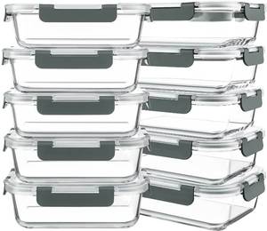 lot 11352 image: KOMUEE 10 Packs 30 oz Glass Meal Prep Containers,Glass Food Storage Containers with Lids,Airtight Lunch Bento Boxes,Microwave,Freezer and Dishwasher,Gray (Two Are Damaged)