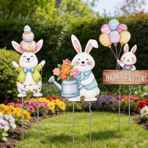 lot 11356 image: 3 Pcs Outdoor Easter Yard Signs with Metal Stakes, Cute Stacked & Family Rabbit Outside Easter Decorations for Yard, Colorful Happy Easter Lawn Sign Backyard Spring Decor
