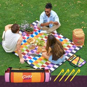 lot 11360 image: Cozy Club Waterproof Picnic Blanket �� Foldable Outdoor Mat 60x70 with Stakes, Pocket & Shoulder Strap  Sandproof Beach Blanket for Festivals, Camping & Travel  Self-Packing  Multicolor  US Brand