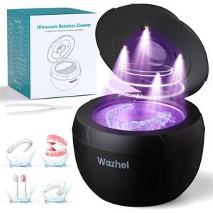 lot 11367 image: Wazhel Ultrasonic Retainer Cleaner Machine, 45kHz Dental Cleaning Pod for Denture, Mouth Guard, Night Guard, Aligner, Braces, Toothbrush, 200ML Denture Cleaner with Digital Timer & 4 Modes, Black