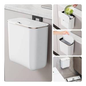 lot 11370 image: LAIMEQAY 2.4 Gallon Hanging Trash Can - Small Under Sink Trash Can with Lid, Wall Mounted Garbage Bin for Kitchen & Bathroom Cupboard, Odor-Control, Extended Clamping Ring, White (Used)