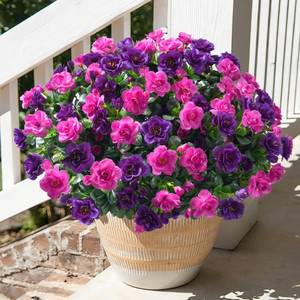 lot 12312 image: Artificial Faux Outdoor Flowers Plants for Spring Summer Decoration, Fake Silk Camellia UV Resistant Look Real for Planter Outside Front Door Porch Patio Balcony, 3 Large Bundles (PurpleFuchsia)