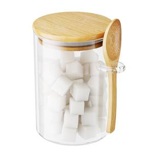 lot 12323 image: KOIKEY Sugar Jar Glass Salt Container,15 Ounces Clear Airtight Caning with Bamboo Lid and Spoon Scoop, Storage Overnight Oats, Salts, Coffee Bean, Spice, Creamer, Food Organizer, Pack of 1