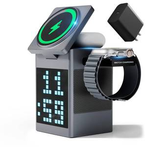 lot 12360 image: Vivilumens 3-in-1 Wireless Charging Station with Bluetooth Speaker, Digital Alarm Clock, Pixel Display for MagSafe iPhone 171615, Apple Watch, AirPods, Fast Charging, Compact Desk Organizer