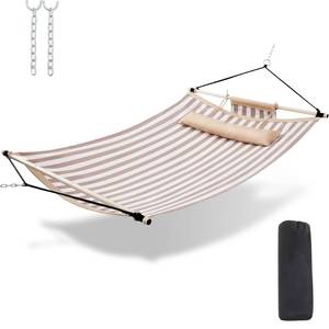 lot 13544 image: TegerDeger Anti-flip 12FT Hammock Large Hammock 450LB Capacity with Iron Spreader Bar & Nylon Rope for Outside, Patio, Garden, Backyard, Beach - Beige Strips