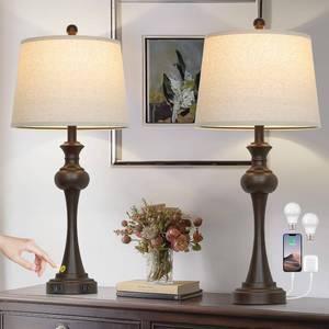 lot 13548 image: CINSARY 29 Brown Table Lamps Set of 2, Tall Bedside Lamps with USB CA Ports, 3-Way Dimmable Touch Table Lamp, Nightstand Lamps for Bedroom,Modern Brown Lamps with Beige Lampshade, Bulbs Included