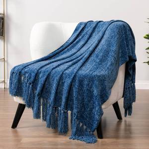 lot 14187 image: PAVILIA Blue Chenille Throw Blanket for Couch Sofa, Soft Knit Throw with Tassel, Decorative Blanket for Bed Chair Living Room, Blue 50x60