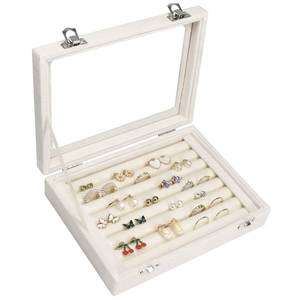 lot 14209 image: Vicoter Rings Organizer Tray 7 Slots Velvet Jewelry Earring Storage Box with Transparent lid Jewelry Display Case for Girls Wife Mom Women (Beige)