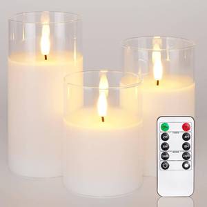 lot 14212 image: Homemory Clear Glass Flameless Candles, Pure White Wax Battery Operated Candles, LED Pillar Candles with Remote Control and Timers, D3 H4 5 6, Set of 3