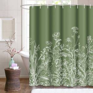lot 14226 image: Emvency Floral Sage Green Shower Curtain Border White Herbs and Wild Flowers Botanical Vintage Engraving Light Waterproof Polyester Fabric 72 x 72 Inches Set with Hooks