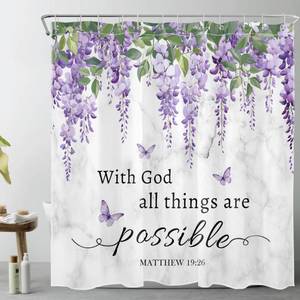 lot 14243 image: LB Summer Purple Floral Shower Curtain for Bathroom, Christian Scripture Bible Verse on Grey Marble Fabric Shower Curtain with Hooks,Green Leaf Botanical Bathroom Curtain Shower Set, 72 W x 72 L