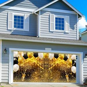 lot 14247 image: 16X7ft Black and Gold Glitter Party Garage Door Cover Decoration, Birthday Wedding Bridal Prom Graduation New Year Balloons Garage Buddy Party Decor Banner Cover Photography Background