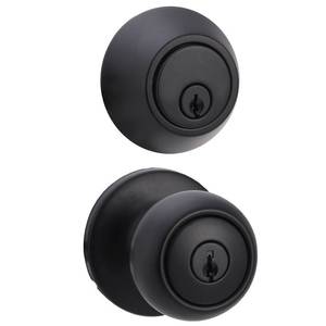 lot 14297 image: Amazon Basics Exterior Door Knob with Key Lock and Deadbolt, Keyed Alike, Coastal, Matte Black