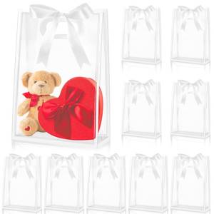 lot 14311 image: Aliceset Clear Plastic Gift Bag with Die Cut Handle Reusable PP Favor Bag with Ribbon for Graduation Wedding Bridal Birthday Baby Shower Party Small Business,10x7x3.15in(White,24 Pcs)