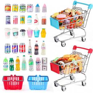 lot 14322 image: 134pcs Mini Shopping Cart Basket Miniature Food Drink Bottle Supermarket Metal Handcart Toys Doll House Store Cosplay Game Dollhouse Grocery Fruit Cake Bread Party Trolley Model Dollar Bills