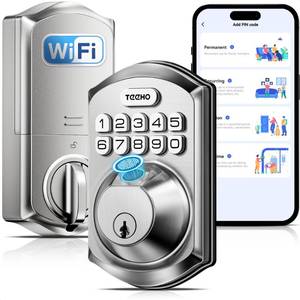 lot 14335 image: TEEHO TE012W WiFi Smart Lock, Fingerprint Door Lock with Built-in Wi-Fi, Keyless Entry Keypad Smart Deadbolt, App Remote Control, Alexa Compatible, IP55 Waterproof for Front Door �� Satin Nickel