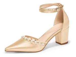 lot 15498 image: Coutgo Womens Pearl Chunky Heels Wedding Shoes for Bride Closed Pointed Toe Ankle Strap Satin Pumps, Champagne Gold, Size 8