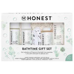lot 15503 image: The Honest Company Fragrance-Free Bathtime Gift Set, Hypoallergenic, Bath Essentials for Sensitive Skin, Shampoo and Body Wash, Face Lotion, Bubble Bath, Conditioner, Wash Cloth something may be leaking, otherwise factory sealed