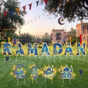 lot 16325 image: Memorywuu 11 Pcs Ramadan Mubarak Yard Signs 7 Letters 4 Signs with Stakes and 2 Rolls String Lights Eid Mubarak Party Yard Sign Lawn Decorations Party Decorations for Home Front Door Garden Decor