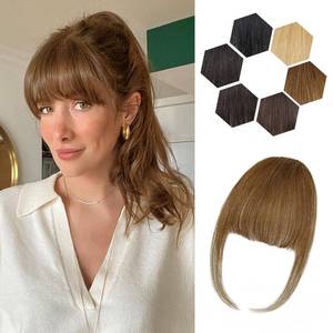 lot 16328 image: Carendia Clip in Bangs for Women - 100% Real Human Hair Light Brown Wispy Bangs Hair Clip with Temples Hairpieces Fake Bangs for Daily Wear