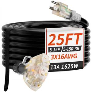 lot 16333 image: PlugSaf 25 FT 163 Gauge Outdoor Extension Cord with Multiple Outlets Light Indicator, Flexible 3 Outlet Weatherproof Extension Cord Waterproof Black, 13A 1625W 16AWG SJTW, ETL Listed