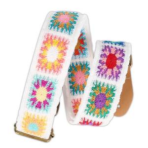 lot 16354 image: chushui 2 Wide White Cotton Knit Guitar Strap �� Comfortable Shoulder Strap for Acoustic Electric Guitar, Bass, Ukulele �� Handmade Style Webbing with Leather Ends