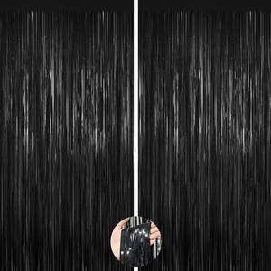 lot 16362 image: Black Foil Curtain Backdrop,2Pack Black Metallic Tinsel Foil Fringe Curtains Photo Booth Props for Birthday Wedding Graduation Baby Shower Bachelorette Christmas Halloween Disco Party Door Decorations