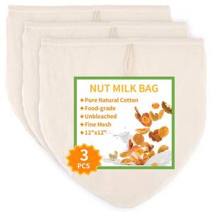 lot 16366 image: 3 Pcs 12x12 Nut Milk Bag, Natural Unbleached Cotton Cheese Cloth Bag for Straining, Reusable Strainer Bag for Oat Almond Milk, Cheese Making, Yogurt, Juice, Cold Brew Coffee, Beer Tea (12x12 Inch)