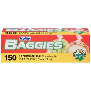 lot 16381 image: Hefty Baggies Food Storage Bags, Sandwich, Twist Tie, 150 Count
