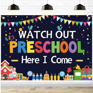 lot 18018 image: Watch Out Preschool Here I Come Backdrop First Day of Kindergarten Photography Backdrops Teacher and Students Kids Party Decoration Banner Students Classroom Supplies Photo Background 7x5ft