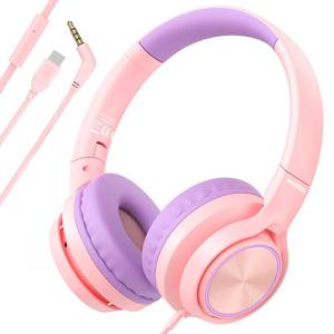 lot 18020 image: Kids Headphones with 3.5mm & USB C Wired Headphones, USB C Headphones Kids for School, Lightweight On-Ear Headphones Built-in Mic & Safe Volume Limited for classroomGirlsBoysTravelTablets(Pink)