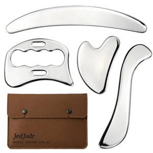 lot 18028 image: JedJadr 4 in 1 Stainless Steel Massage Scraper Tool Set for Deep Tissue Relief, IASTM Tool and Gua Sha Massage Tools for Muscle Recovery, Physical Therapy Scraping Tool with Facial Gua Sha