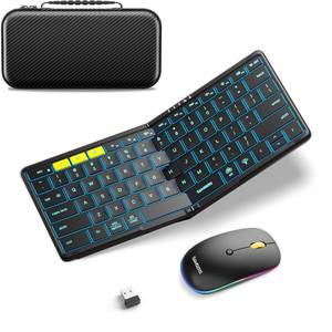 lot 18033 image: Foldable Keyboard and Mouse, Samsers Folding Bluetooth Keyboard Mouse Combo with Backlight, 2.4G  BT5.0 x 2, Full-Size Travel Keyboard & Portable Wireless Mouse for Windows iOS Mac OS Android - Black