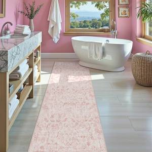 lot 19419 image: Pink 3x7 Runner Rug for Hallways Bed Side Kitchen, Boho Washable Distressed Low-Pile Floor Entryway Long Bathroom Mat, Non-Slip Laundry Room Washstand Front Carpet Green 36x84 Inch