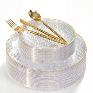 lot 19424 image: I00000 150Pcs Clear Plastic Plates with Gold Rim,Clear Disposable Plates with silverware,Gold hammer patterned plates Set include 30 Dinner Plate,30 Dessert Plate,90 Silverware Set for Party