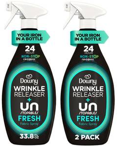 lot 19431 image: Downy Wrinkle Releaser Spray, All In One Wrinkle Release Spray, Odor Eliminator, Static Remover, Fabric Refresher & Ironing Aid for Clothes, 33.8 Fl Oz (Pack of 2), Unstopables Fresh Scent