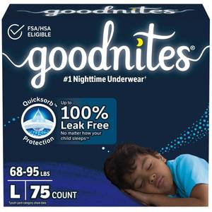 lot 19436 image: Goodnites Boys Nighttime Bedwetting Disposable Underwear - Size L - 75 ct Hypoallergenic, Odor Control, Leak Guards, Non-Toxic