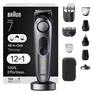 lot 19452 image: Braun All-in-One Mens Shaving Kit Series 7 7440, 12-in-1 Beard, Face, Nose, Ear Trimmer, Hair Clippers, Body Groomer and Manscaping  Travel Case  Charging Stand (Used)