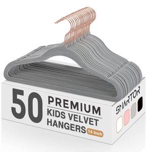 lot 19454 image: Smartor Kids Velvet Hangers 50 Pack, 14 Inch Premium Non Slip Kids Felt Hangers for Closet, Space Saving Toddler Clothes Hanger for Youths Childrens Clothes (Rose Gold Hook)- Grey