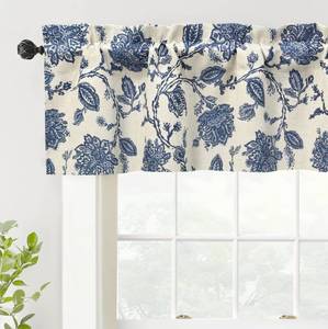 lot 20241 image: DriftAway Freda Jacobean Floral Linen Blend Blackout Thermal Insulated Energy Saving Privacy Window Linen Curtain Valance Rod Pocket 2 Layers Single 52 Inch by 14 Inch Plus 2 Inch Header Navy Beige