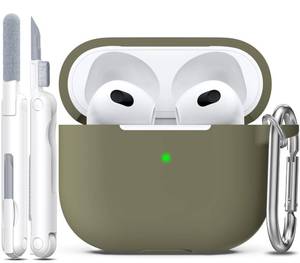 lot 20249 image: R-fun Compatible with AirPods 3 Case Cover, Silicone Protective Accessories Skin with Keychain Compatible with Apple AirPod 3rd Generation 2021 for Women Men Girls Boys,Front LED Visible,Olive Green