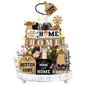 lot 20261 image: Soaoo 16 Pcs Highland Cow Tiered Tray Decor Gnome Plush Tray Decor Farmhouse Rustic Wood Table Signs with String Lights for Holiday Table Centerpieces Home(Highland Cow)