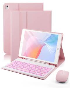 lot 20262 image: TUNKARMOR for iPad 9th  8th  7th Generation 10.2 inch & iPad Air 3rd Gen & iPad Pro 10.5 inch Case with 7 Color Backlit Keyboard - Built in Pencil Holder with Mouse (Pink)