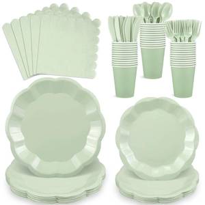 lot 20264 image: NatNarr 175 Pcs Sage Green Plates and Napkins Set, 25 Guest Sage Green Party Supplies Include Scalloped Paper Plate Napkin Cup Forks Knives Disposable Plastic Cutlery for Wedding Baby Shower Birthday