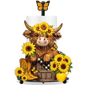 lot 20268 image: Summer Sunflower Highland Cow Paper Towel Holder Sunflower Floral Cattle Kitchen Bathroom Decor Farmhouse Metal Highland Cow Towel Holder Stand with Round Base for Home Countertop Accessories