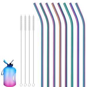 lot 20299 image: Geiserailie 8 Pieces 14 Inch Reusable Stainless Steel Straws Long Drinking Straws for 100 oz Tumblers, Extra with 4 Pieces Cleaning Brush(Rainbow)