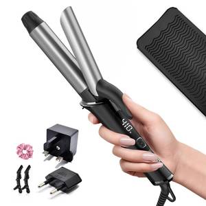 lot 20321 image: Travel Curling Iron 1 Inch, Dual Voltage Curling Iron 110-240V with European Plug,Small Curling Wand for Women & Short Hair, 5 Temp Digital Settings, Auto-Off, Anti-Scald Cover,Heat-Resistant pad